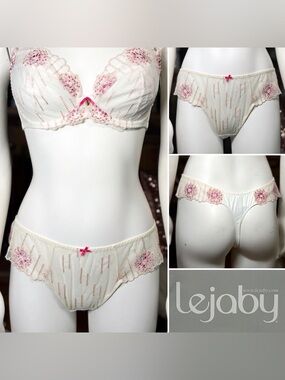 Lejaby Ivory Semi-sheer Tanga Style Embroidered Mesh Thong Panty Underwear Sz XL